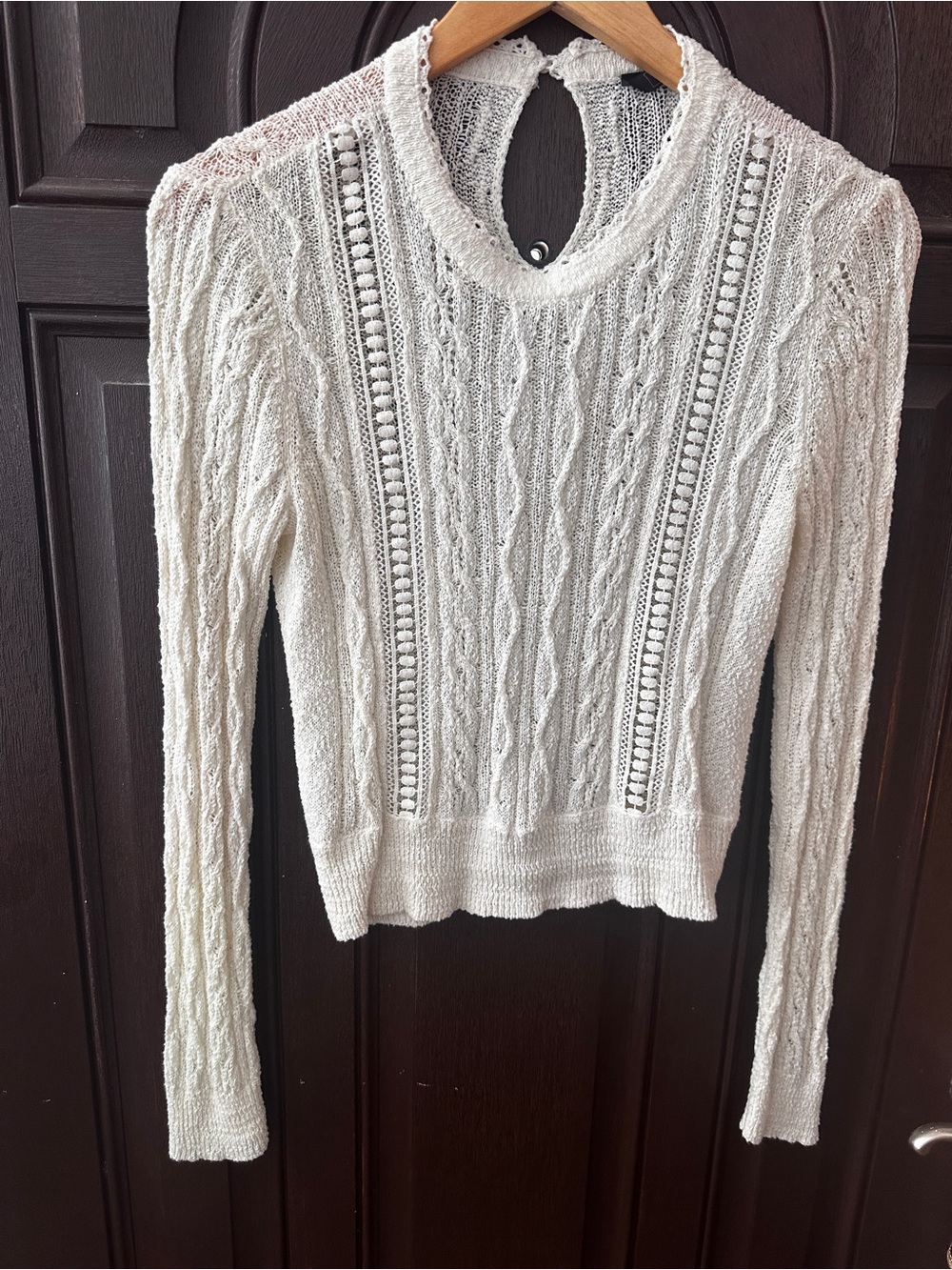 BCBGMaxAzria Cream Sheer Cotton Lace Long Sleeve Blouse